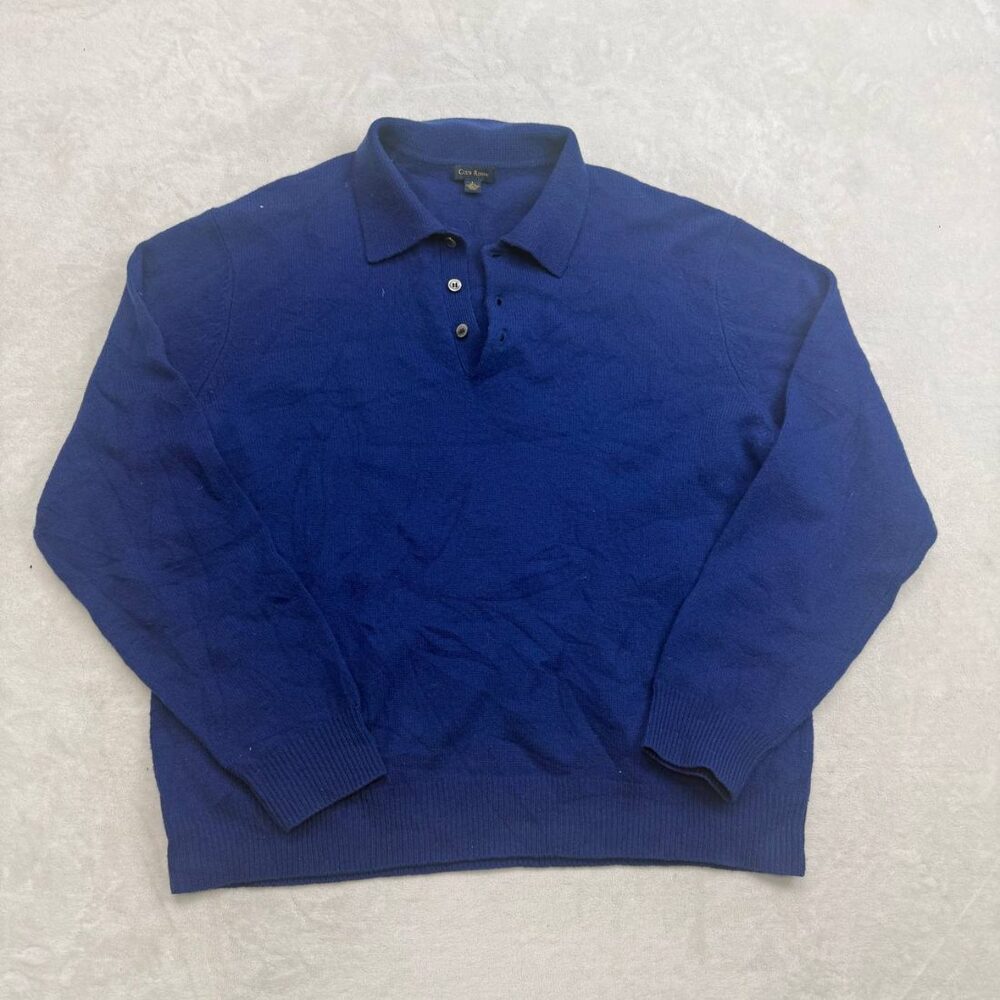 Club Room Men's Sweater Blue Size L 100% Lambswool Long Sleeve Polo Pullover